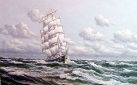 Oil on canvas
Neutschmann
Maritime scene, tall ship at sea, signed indistinctly, 59cm x 90cm