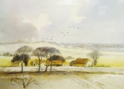 Watercolour
Angela Fielder 
Landscape, view of farm across fields, signed, 28.5cm x 39.5cm
