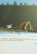 Limited edition lithograph
by Uchida (Japanese artist)
Cranes landing on river