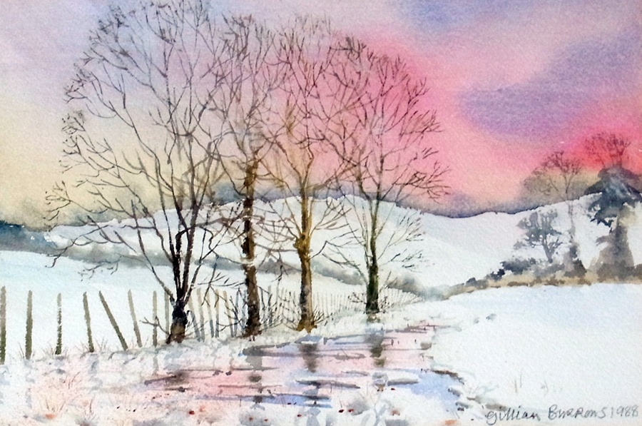 Watercolour
Gillian Burrows
"Winter Reflections", snowy landscape, signed and dated 1988 and
Oil