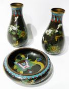 Pair Japanese cloisonne vases, passionflower and other floral branch decorated and cloisonne shallow