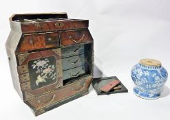 Oriental inlaid table cabinet, blue and white table lamp and another table lamp