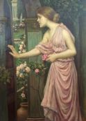 Oil on canvas 
After Pre-Raphaelite artist
Study of a classical maiden in rose garden, 57 x 49