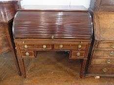 Victorian inlaid mahogany tambour desk, the tambour opening to reveal sliding desk with narrow