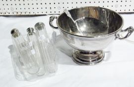 A silver-plated, two-handled bowl marked 100cl to base, four silver-plated jars and a silver