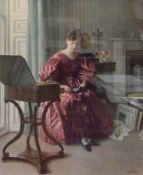 Colour print
L Campbell-Taylor 
Victorian lady seated in drawing room looking at miniatures and