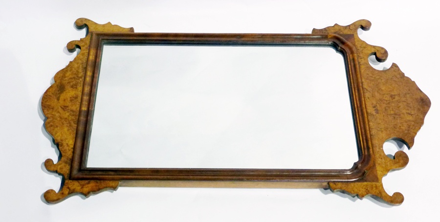 George II style reproduction figured walnut wall mirror, rectangular with shaped and scroll pediment