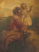 Oil on panel 
Unattributed 
Mother seated with child, in landscape, 16cm x 12cm