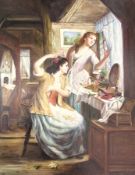 Oil on canvas 
in 19th century style
Cottage interior with two women at dressing table, 49 x 39cm