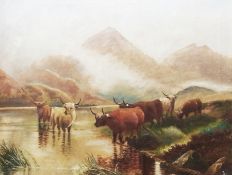 Pair oils on canvas
T Keck 
Highland cattle, watering, signed, 39cm x 49cm