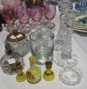 Pair of cut glass candlestick holders, a jar and cover, a goblet, trinket tray and other items (10)