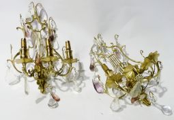 Pair brass and glass triple-branch wall lights with ornate scroll and lyre-shaped backs, various
