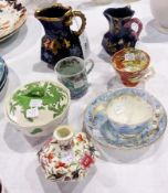 An ironstone hexagonal vase, a Miles Mason gilded blue and white cup and saucer, a Spode coffee can,