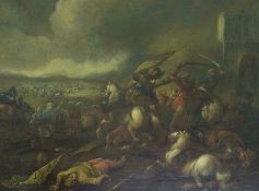 Oil on canvas
17th century Flemish school, cavalry skirmish, mahogany frame, 64cm x 81cm