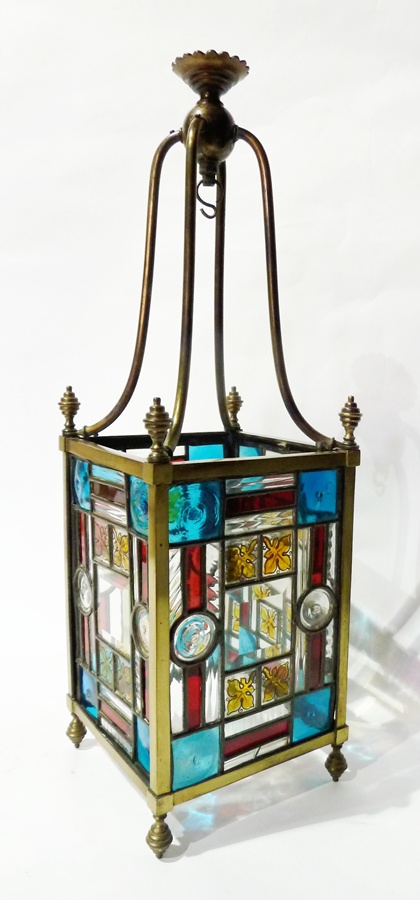 19th century brass leaded and stained glass hanging lantern, having scroll supports to the square