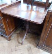 An antique mahogany tripod table, square top, on turned column with cabriole supports and splayed
