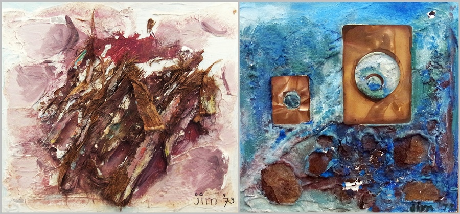 Oil on board with applique 
Jim 73 
Abstract work, signed and dated '73, 23cm x 27cm and 
another
