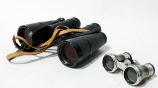 Pair white metal abalone-shell opera glasses in leather case and pair Carl Zeiss Jena binoculars