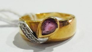 Gold-coloured metal, diamond and ruby dress ring, the band set with teardrop-shaped pink stone and