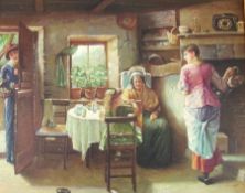 Oil on canvas 
After Henri Ledeux
Cottage interior with figures, 39 x 49cm
