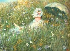 Oil on canvas 
Impressionist style 
Girl reclining in a meadow with sunshade, 29 x 39cm