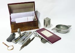 Leather covered stationery box, metal quaich, quantity pens and other collectable items