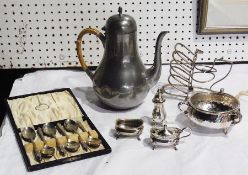 A quantity of silver plate to include:- EPNS flatware, teapot, candlesticks and a pewter hot water