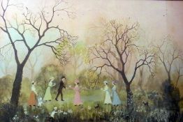 Colour print
After Helen Bradley
"All on an April Evening", figures in woodland and 
Three colour