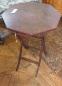Indian/Eastern metal inlaid octagonal folding table, the top with fine foliate scroll and mesh metal