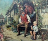 Oil on canvas
Late 19th/early 20th century English school
Figures outside cottage door with boy