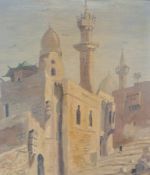 Oil on canvas
P Erfman (1901-1968)
Tunisian scene with buildings and figures, cream frame, 52cm x