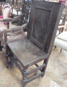 17th century-style antique oak panelled back side chair, panelled seat on turned supports and