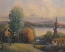 Oil on board
Evert 
Continental lakeside landscape with cabin and beech tree, signed, 58cm x 70cm