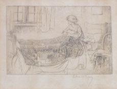 Etching
Eileen Alice Soper (1905-1990) 
"Bedtime", domestic interior with girl in bed, signed in