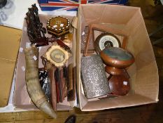 Quantity skin wallets, figured wood sewing box, barometer, trinket boxes, treen, two jigsaw