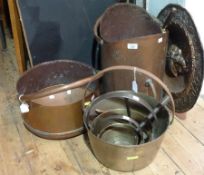 Set of three iron and brass graduated preserve pans, brass saucepan, copper circular cooking pan