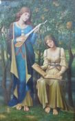Oil on canvas
in style of Pre-Raphaelite School
Two medieval maidens with musical instrument in