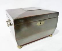 19th century mahogany tea caddy workbox having raised panel top, pair brass drop handles and