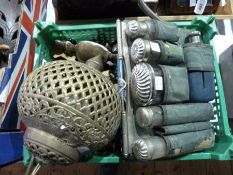 Quantity treen items, brass eastern hanging lamp, quantity finials, castors and folding vanity set