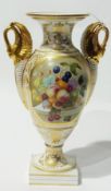 Early Crown Derby two-handled pedestal vase, the handle shaped as swan, decorated with still-life of