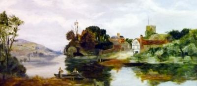 Oil on canvas
P D James 
Pastoral scene with river and village, signed, dated indistinctly (probably