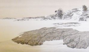 Limited edition lithograph
by Reinhold Ljubggren
Snow scape with buildings in background
