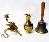 Quantity brass decorative items including:- pair winged beast candlesticks, large handbell,