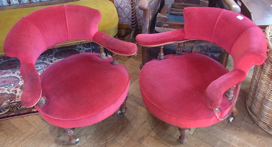 Pair Victorian mahogany upholstered tub-style open armchairs, with red upholstery, stuffover seat,