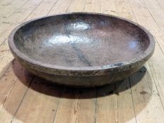 Large antique oak mazer, 77cm diameter