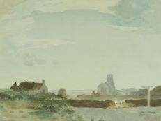 Watercolour drawing
W Stubbs
"A Norfolk By-Way", landscape with church, signed and dated 1937,