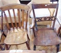 Set of four stained comb-back kitchen chairs, a modern slatback open armchair, a slatback carver,
