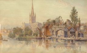 Watercolour drawing
Tom Hunn (1878-1908) 
Norwich Cathedral from across the river, by Old City Gate,