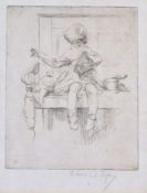 Etching
Eileen Alice Soper (1905-1990) 
"The Sampler", domestic interior with girl sewing, signed in