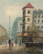 Oil on canvas
Burnet(?) 
Parisian street scene, signed and five other pictures, various including